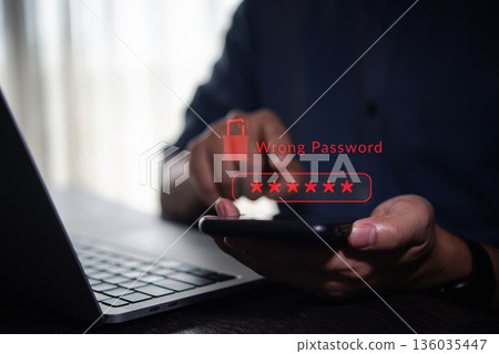 Cybersecurity warning with wrong password error message on smartphone screen, user login attempt failed, online account access denied, and data protection security concept. Cybersecurity warning with wrong password error message on smartphone screen, user login attempt failed, online account access denied, and data protection security concept. 136035447