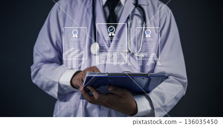 Close-up of a healthcare professional with stethoscope and clipboard, medical records while checking certification documents icons for medical standards and quality assurance. 136035450