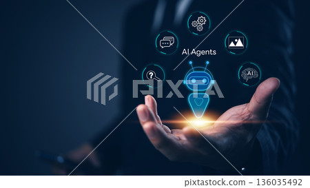businessman holding a virtual interface with AI agents icons. automation, smart business solutions, and digital transformation. machine learning, data processing, and artificial intelligence. businessman holding a virtual interface with AI agents icons. automation, smart business solutions, and digital transformation. machine learning, data processing, and artificial intelligence. 136035492