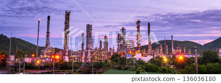 Banner Oil refinery gas petrol plant industry with crude tank, gasoline supply and chemical factory. Petroleum barrel fuel heavy industry oil refinery manufacturing factory plant. Refinery industry Banner Oil refinery gas petrol plant industry with crude tank, gasoline supply and chemical factory. Petroleum barrel fuel heavy industry oil refinery manufacturing factory plant. Refinery industry 136036180