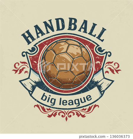 Handball big league emblem featuring a textured ball and vintage design, ideal for sports enthusiasts and event promotion 136036373