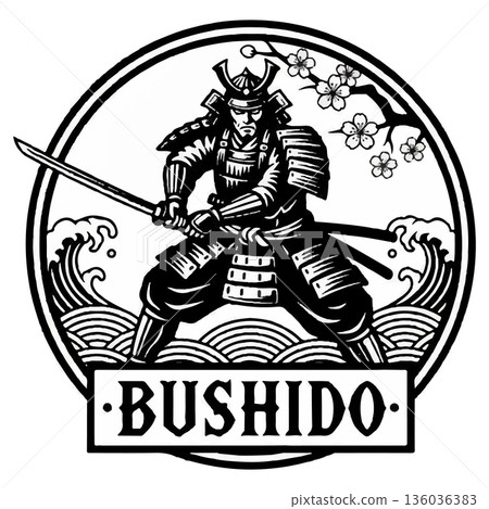 Samurai warrior stands ready with sword in hand, surrounded by waves and cherry blossoms, representing bushido values in Japanese culture 136036383