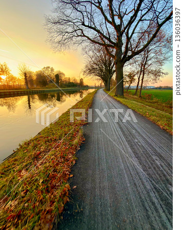 Rijkevorsel, Antwerpse Kempen, Belgium, Leisurely path bordered by vibrant fall leaves and sweeping Rijkevorsel, Antwerpse Kempen, Belgium, Leisurely path bordered by vibrant fall leaves and sweeping 136036397
