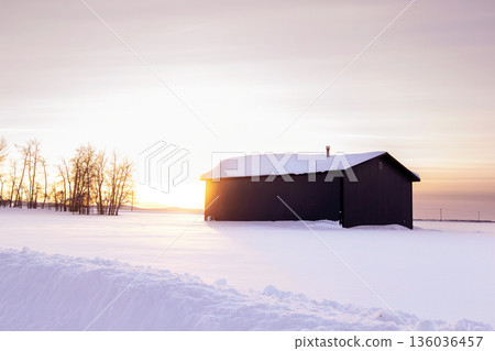 Small industrial workshop in snowy winter day in prairies. Small industrial workshop in snowy winter day in prairies. 136036457