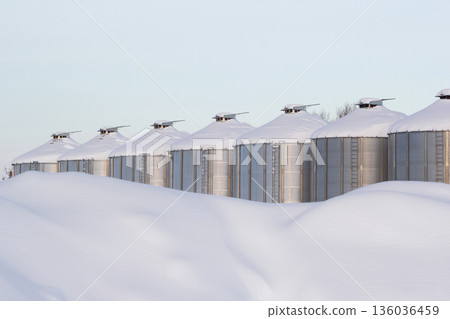Steel grain bins covered with snow after snowfall in morning light. Steel grain bins covered with snow after snowfall in morning light. 136036459