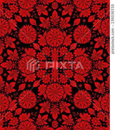 Luxury seamless floral pattern with red flowers on black background. Ornamental gothic style for wallpapers, textiles, fashion prints, wrapping paper Luxury seamless floral pattern with red flowers on black background. Ornamental gothic style for wallpapers, textiles, fashion prints, wrapping paper 136036550