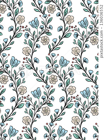 Hand drawn seamless floral pattern with delicate flowers and branches. Light decorative style for wallpapers Hand drawn seamless floral pattern with delicate flowers and branches. Light decorative style for wallpapers 136036552