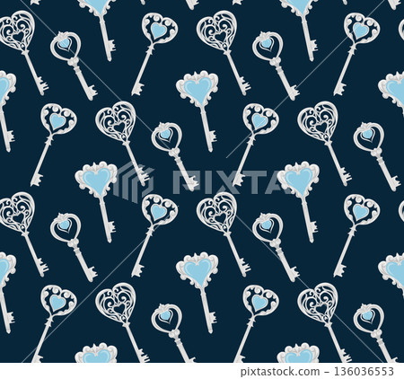 Seamless pattern with decorative heart shaped vintage keys on dark background. Romantic ornamental style for weddings, gift wrap, Valentine designs Seamless pattern with decorative heart shaped vintage keys on dark background. Romantic ornamental style for weddings, gift wrap, Valentine designs 136036553