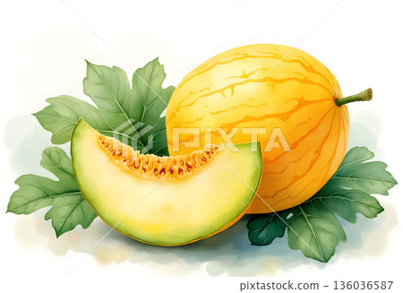 Fresh yellow melon with green leaves showcasing its vibrant color and juicy texture in a colorful setting 136036587