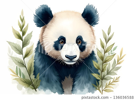 Charming panda surrounded by green foliage in a serene natural setting capturing the essence of wildlife 136036588