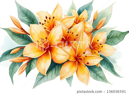 Beautiful orange lilies in a vibrant arrangement with green leaves on a white background 136036591