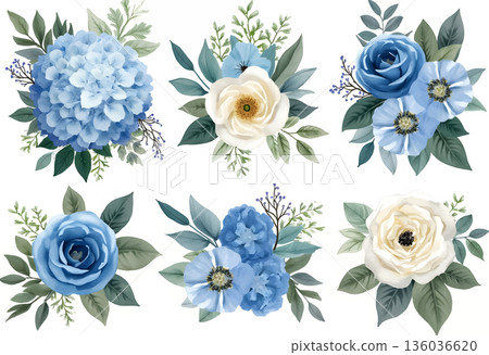 Beautiful watercolor floral arrangement featuring blue and white flowers with greenery for decoration and design 136036620