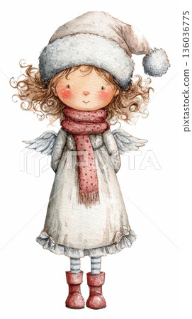 watercolor cute doll girl Christmas angel in white clothes and red scarf clip art cartoon illustration isolated on white background watercolor cute doll girl Christmas angel in white clothes and red scarf clip art cartoon illustration isolated on white background 136036775