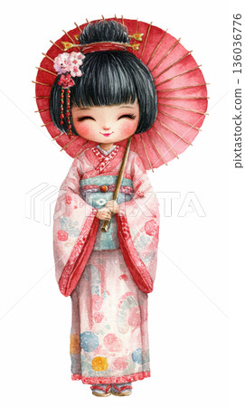 Watercolor cute doll girl geisha for red Japanese clothes and holding paper umbrella clip art cartoon illustration isolated on white background Watercolor cute doll girl geisha for red Japanese clothes and holding paper umbrella clip art cartoon illustration isolated on white background 136036776