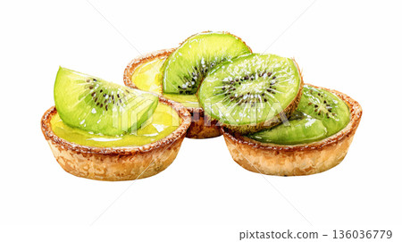 Watercolor tartlets with kiwi bakery clip art illustration isolated on white background 136036779