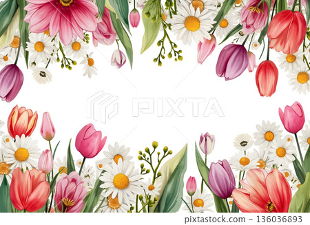 Colorful floral border with daisies, tulips, and roses for spring celebration or event 136036893