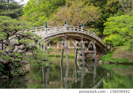 木拱橋和池塘 木拱橋和池塘 136036942