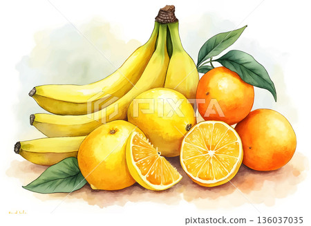 Fresh fruits featuring bananas and oranges arranged on a soft background in a vibrant and colorful display 136037035