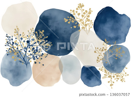 Elegant watercolor design featuring blue and beige shapes with gold foliage for a modern decor style 136037057