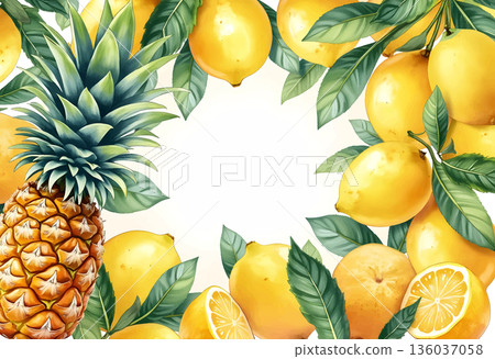 Vibrant lemon and pineapple arrangement showcasing fresh fruits on a light background 136037058
