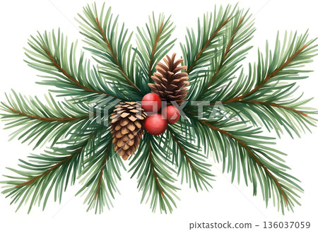 Decorative pine branches with cones and red berries arranged for holiday festivities 136037059