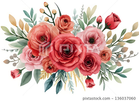 Beautiful floral arrangement featuring various roses and greenery for decoration and design 136037060