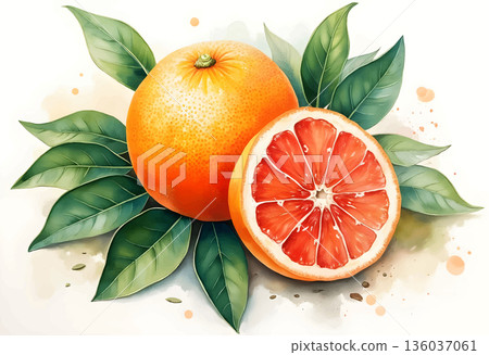 Freshly cut orange with vibrant leaves displayed on a bright background showcasing juicy interior 136037061