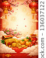 Lunar New Year copyspace background with lanterns and cherry blossoms vertical 136037122