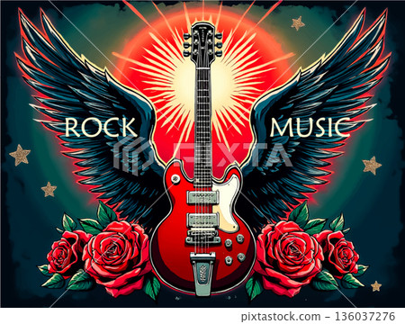 Electric guitar with wings and roses symbolizing rock music in vibrant colors 136037276