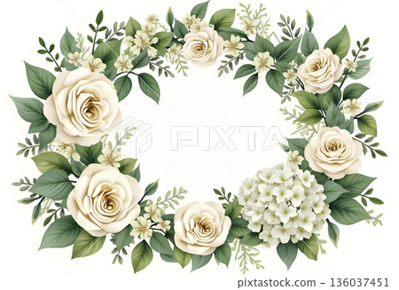 Beautiful white roses and greenery form an elegant floral wreath suitable for various celebrations 136037451