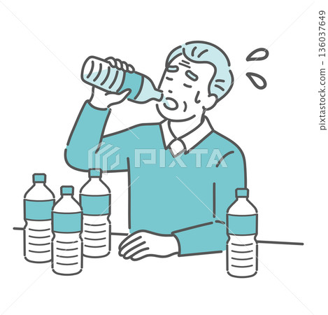 Illustration of an elderly man who is thirsty and drinks a lot of water (diabetes, excessive drinking, dry mouth, heat stroke) 136037649