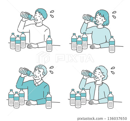 Illustration set of men, women and elderly people who are thirsty and drink water (diabetes, excessive drinking, dry mouth, heat stroke) 136037650