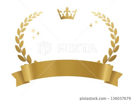 Gold crown and laurel wreath award frame illustration with ribbon Gold crown and laurel wreath award frame illustration with ribbon 136037679