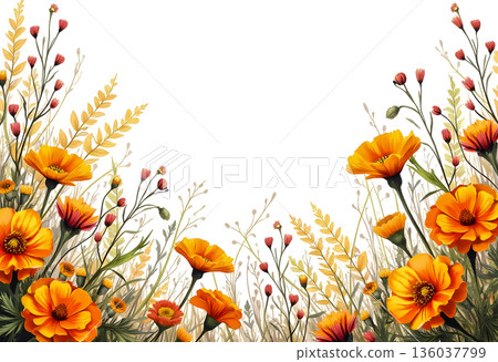 Bright orange flowers and delicate buds create a vibrant floral border on a white background 136037799