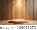 Wooden display stage in a minimalistic room highlighting natural textures and warm lighting for presentations or performances 136038073