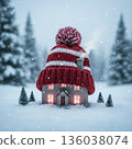 Cozy house in winter wearing a knitted hat with smoke rising from the chimney surrounded by snow-covered trees 136038074