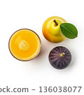 Fresh fruit juice with a fig and a pear on a clean white background, showcasing vibrant colors and natural textures 136038077