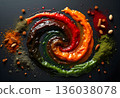 Vibrant swirl of colorful sauces and spices on a dark background showcasing culinary creativity 136038078