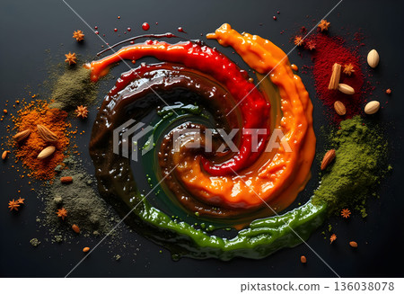 Vibrant swirl of colorful sauces and spices on a dark background showcasing culinary creativity Vibrant swirl of colorful sauces and spices on a dark background showcasing culinary creativity 136038078
