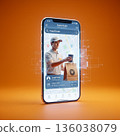 Order delivery service on a smartphone screen featuring a delivery person and food bag on a vibrant orange background 136038079