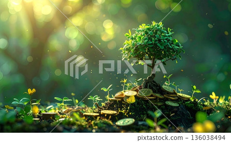 森林裡長著小樹和金幣 136038494
