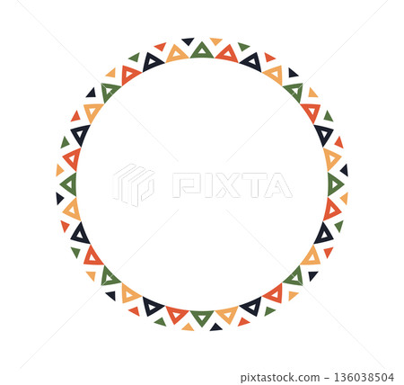 Mexican pattern circle frame. African ethnic motif border. Aztec triangular ornament round frame. Mexican text frame. African ethnic culture ornament. Vector illustration isolated on white background Mexican pattern circle frame. African ethnic motif border. Aztec triangular ornament round frame. Mexican text frame. African ethnic culture ornament. Vector illustration isolated on white background 136038504