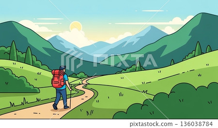 Illustration of hiking in the fresh greenery 136038784