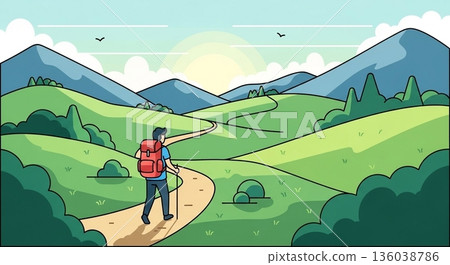 描繪在綠意盎然的環境中健行的插圖 136038786