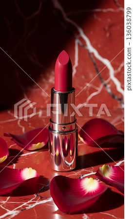 Luxurious red lipstick with rose petals on a marble surface, elegant beauty product 136038799