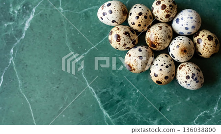 A collection of speckled quail eggs artfully arranged on a green marble surface 136038800