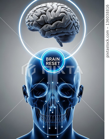 Digital brain reset concept with glowing circuits and human head illustration 136038816