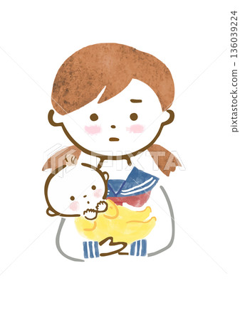 Illustration (upper body) of a girl in a sailor suit holding a baby with a stern expression 136039224