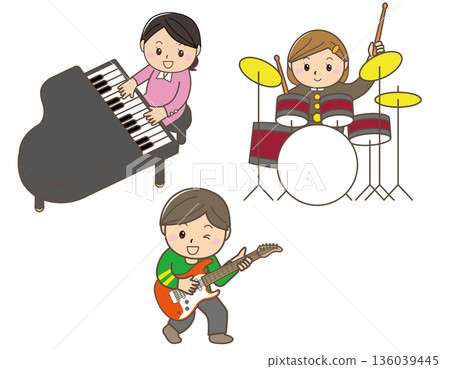 Illustration of a three-person band without vocals | Instrumental performance with drums, piano, and guitar 136039445