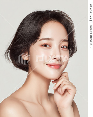 一位面帶微笑的黑髮女子穿著白色無袖上衣。美容、美容院、除毛 一位面帶微笑的黑髮女子穿著白色無袖上衣。美容、美容院、除毛 136039646